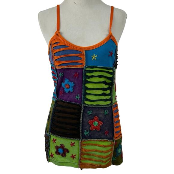 Women Cotton Sleeveless Patchwork Tank Top Red Hippie Boho Artsy Festival Large - Picture 1 of 6